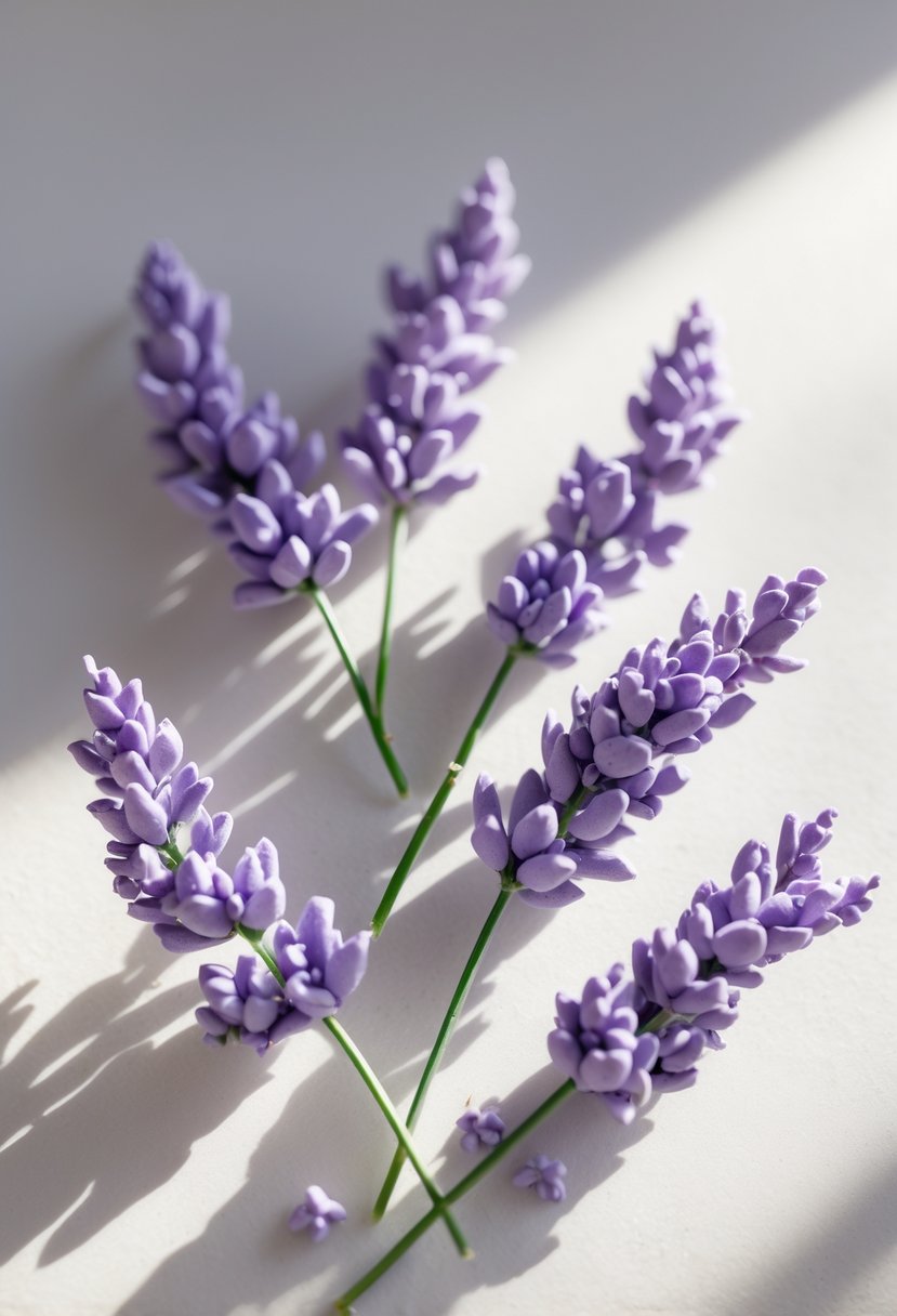 Close-up of small clay lavender sprigs arranged on a plain background.