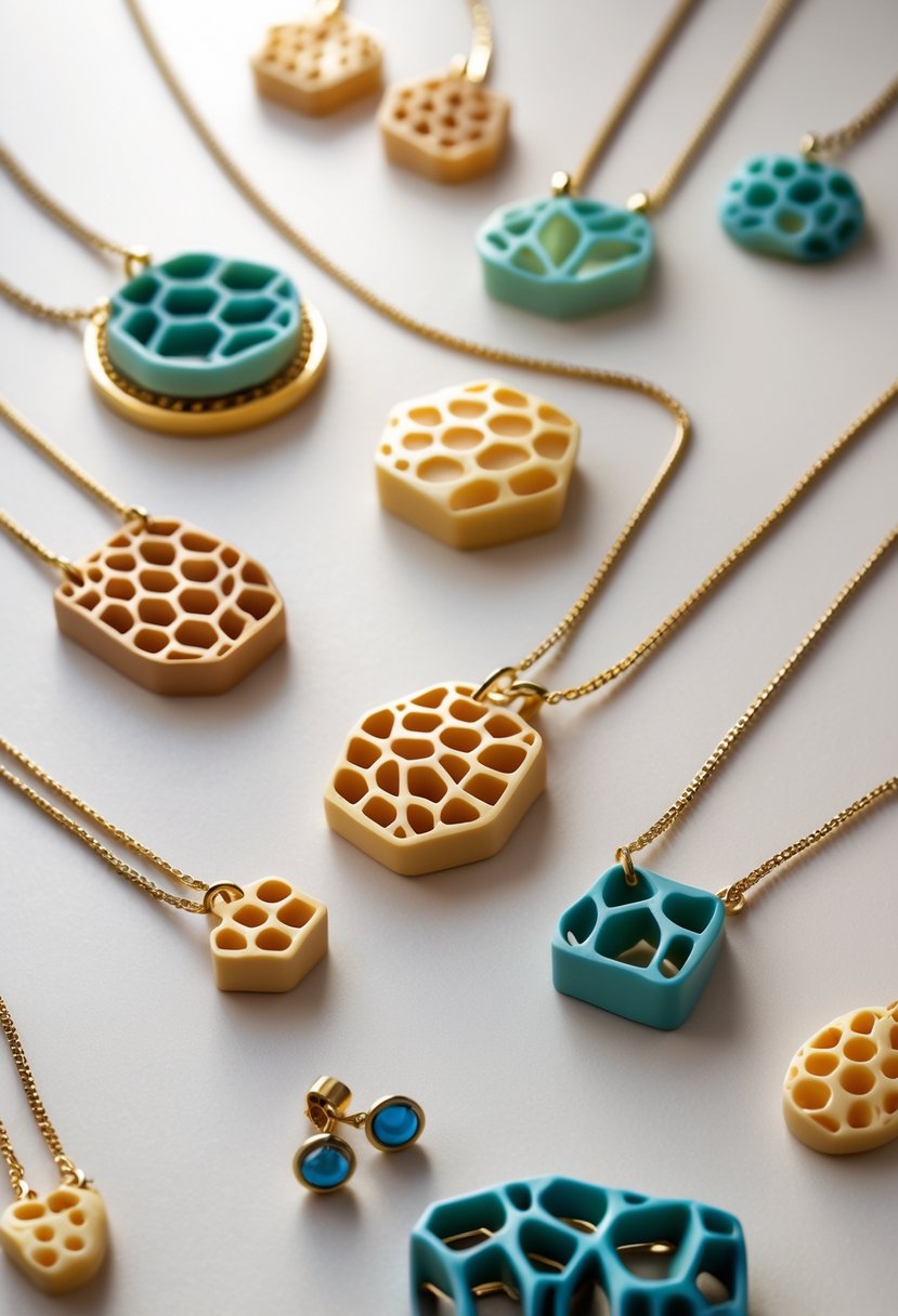 A collection of polymer clay necklaces with honeycomb patterns arranged on a neutral background.