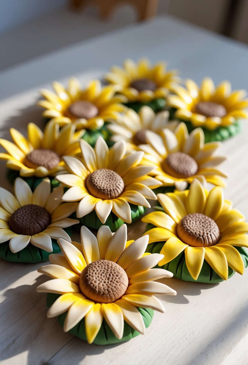 A close-up view of several hand-painted clay sunflowers arranged on a wooden surface.