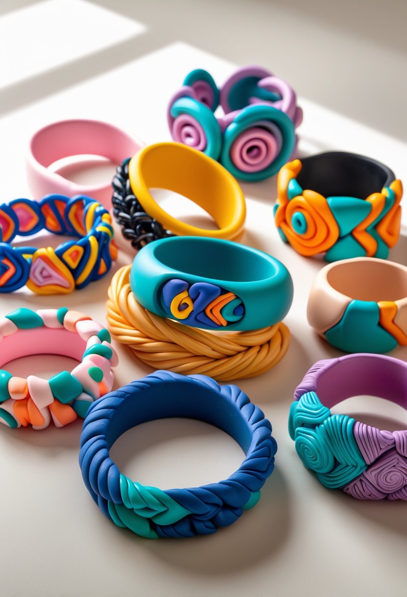A collection of colorful chunky polymer clay bracelets arranged on a neutral background.