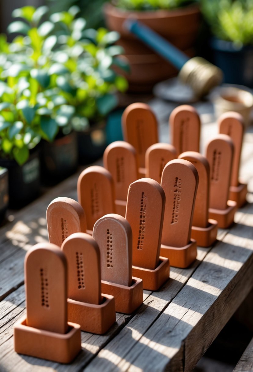 A collection of terracotta clay plant markers arranged on a wooden surface with plants and gardening tools in the background.