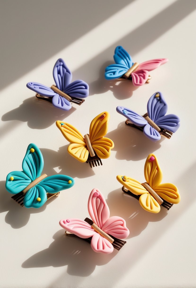 Close-up of colorful butterfly-shaped hair clips made from polymer clay arranged on a neutral background.