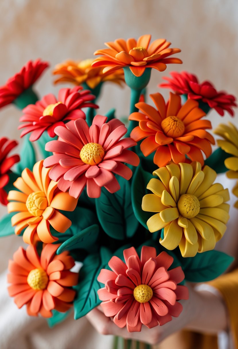 A close-up of a colorful cluster of clay zinnia flowers arranged in a small bouquet.