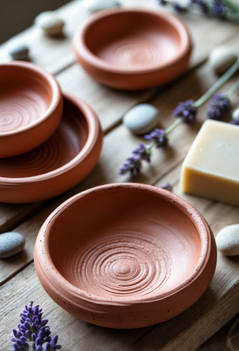 A group of terracotta clay soap dishes displayed on a wooden surface with dried lavender and a bar of soap nearby.
