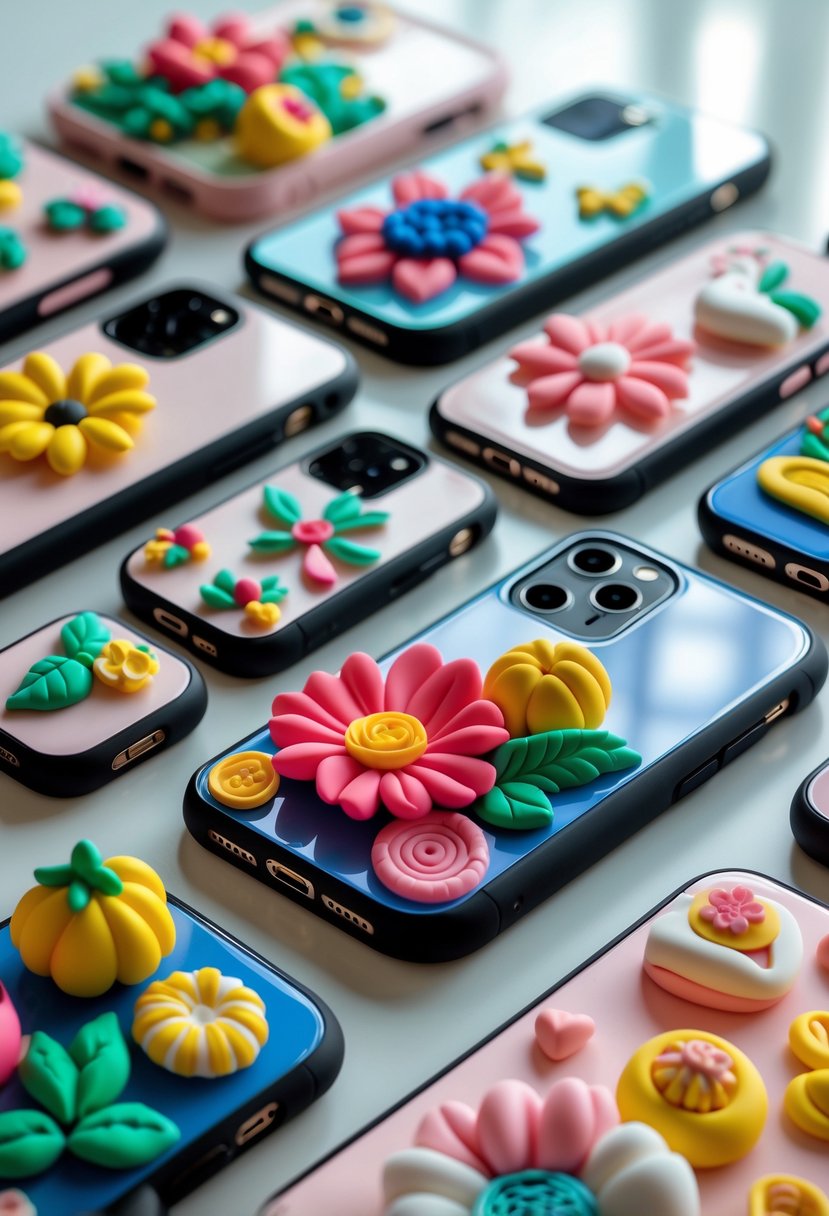 A collection of smartphone cases decorated with colorful polymer clay designs including flowers, fruits, and shapes arranged on a clean surface.