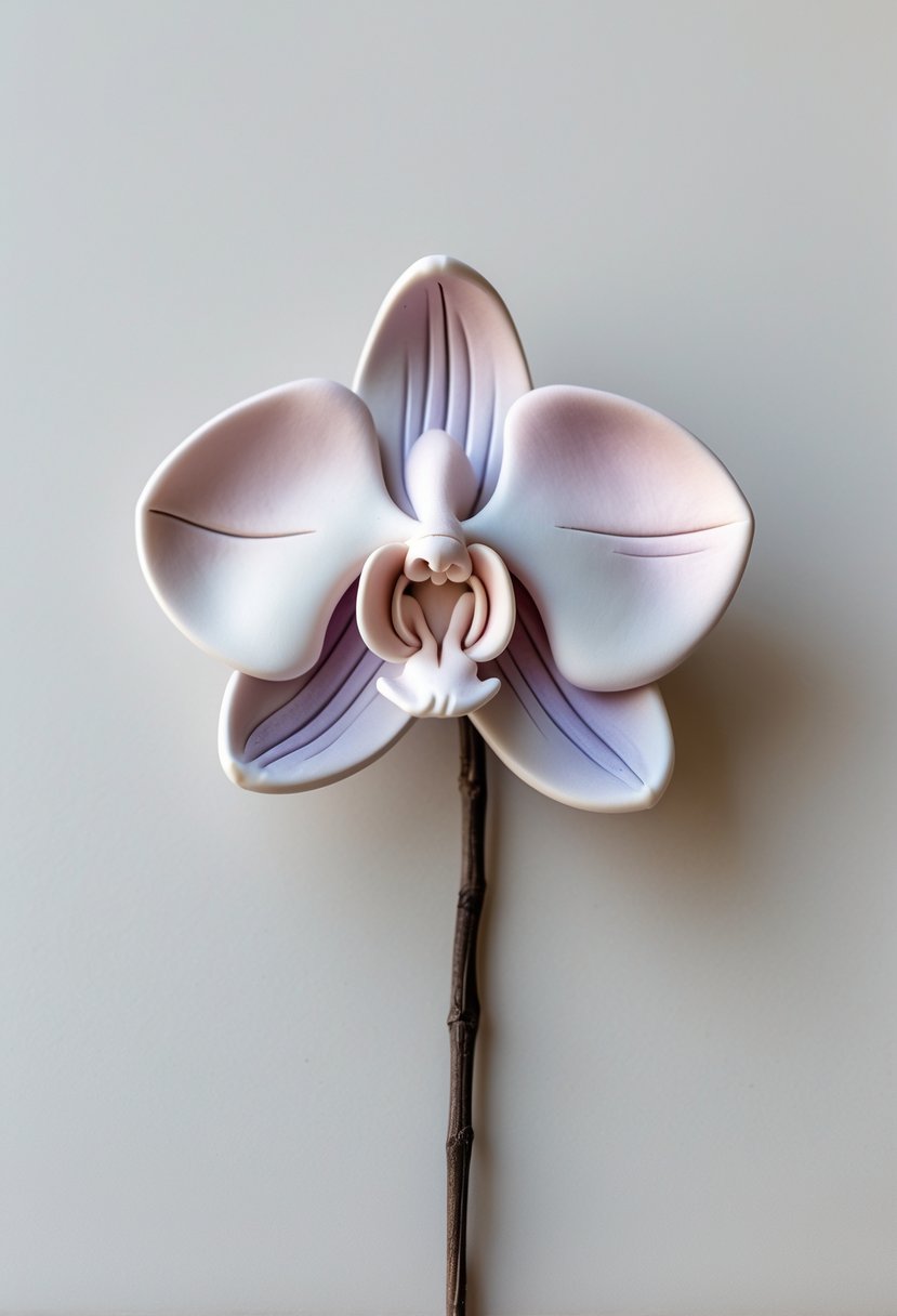 A close-up of a simple clay orchid flower with soft pink and purple petals on a plain background.