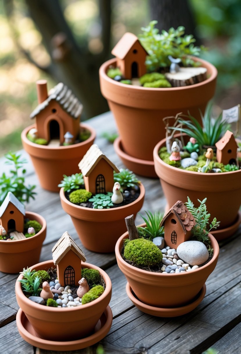 Several terracotta pots arranged with miniature plants, tiny fairy houses, and natural decorations on a wooden surface.
