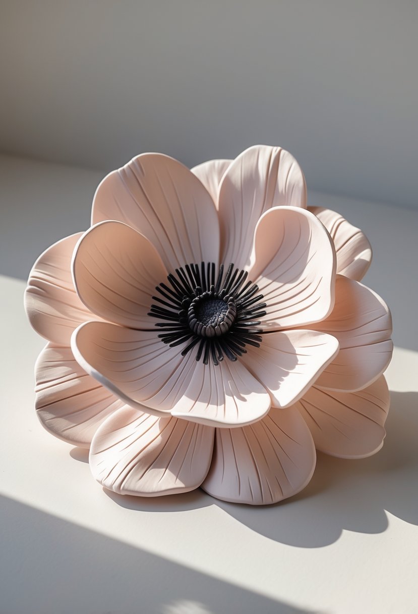 A close-up view of a realistic clay anemone flower with pale pink and white petals on a neutral background.
