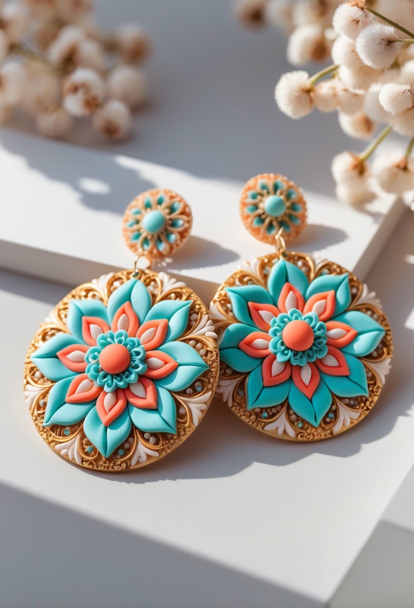 A close-up of a pair of colorful mandala earrings displayed on a neutral background.