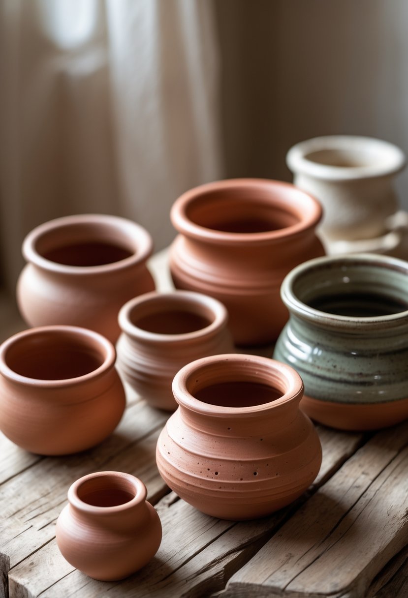 A collection of small terracotta clay pinch pots with glaze finishes displayed on a wooden surface.