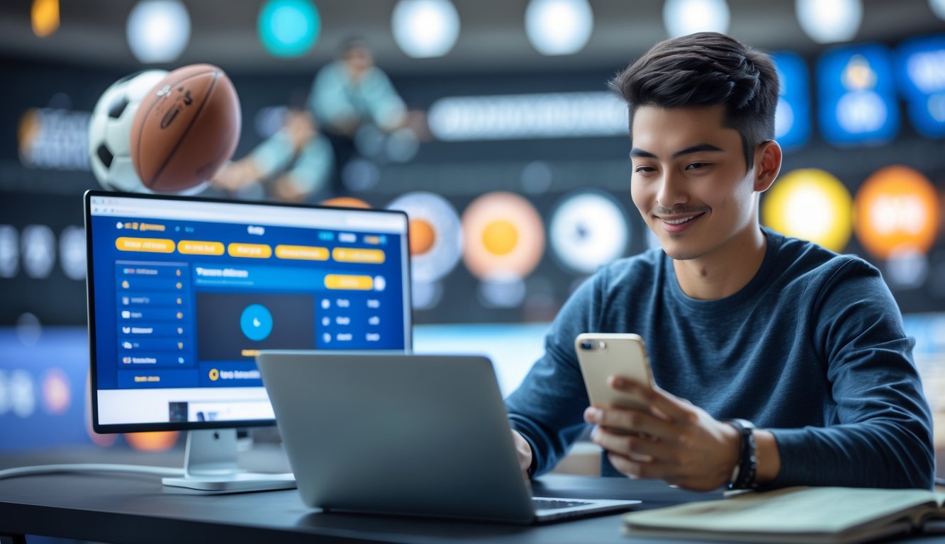 Seorang dewasa muda menggunakan laptop dan ponsel di lingkungan yang modern dengan latar belakang perlengkapan olahraga dan lampu stadion.