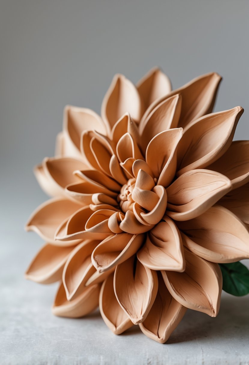 Close-up of a detailed clay dahlia flower with curved petals on a neutral background.