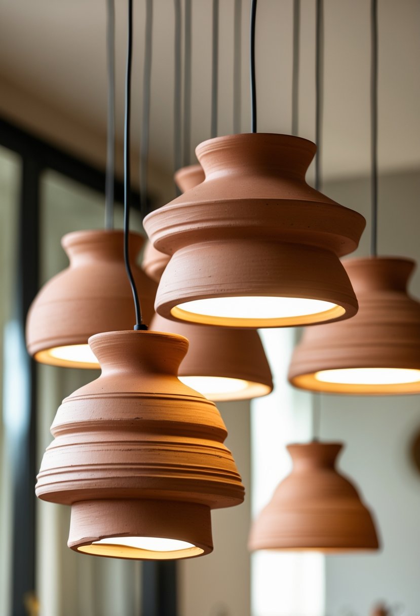 A cluster of terracotta clay pendant lights hanging from the ceiling, glowing softly in a warm indoor space.