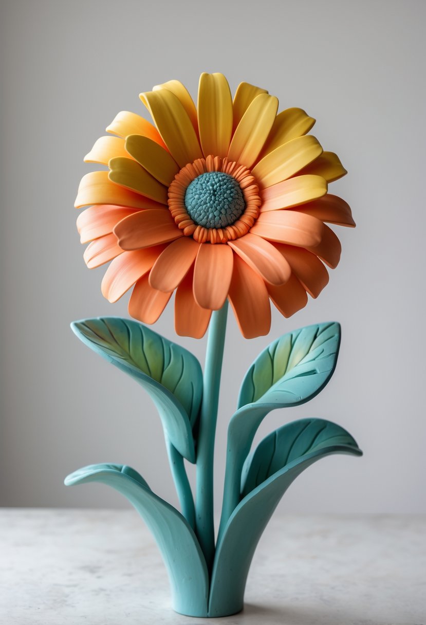 A close-up of a bright orange and yellow gerbera daisy sculpture made from clay on a neutral background.