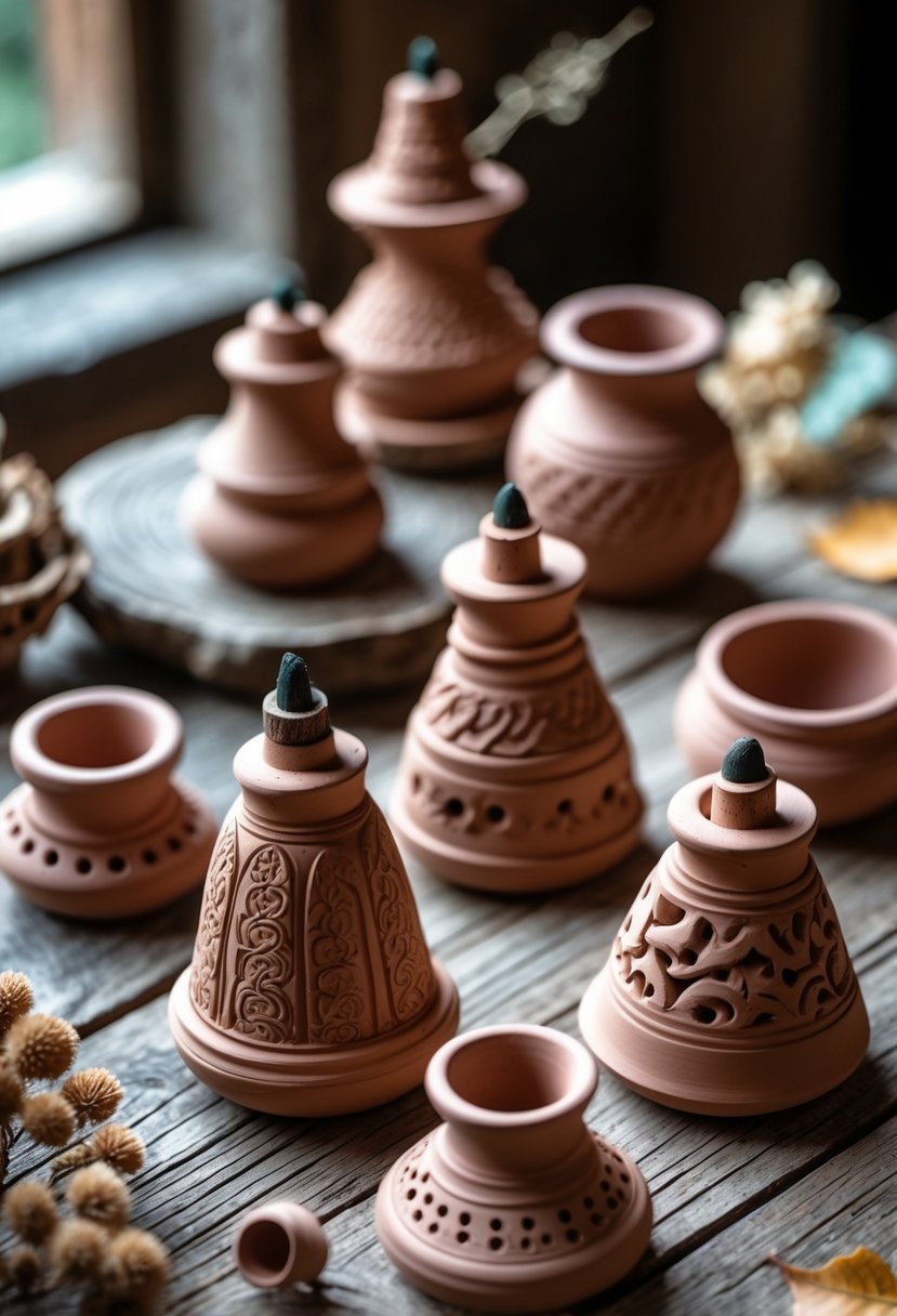 A collection of terracotta clay incense holders with carved patterns arranged on a wooden surface.