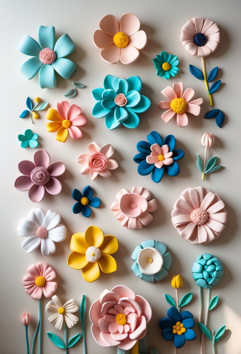 A collection of colorful handcrafted clay flowers arranged as wall art on a neutral background.