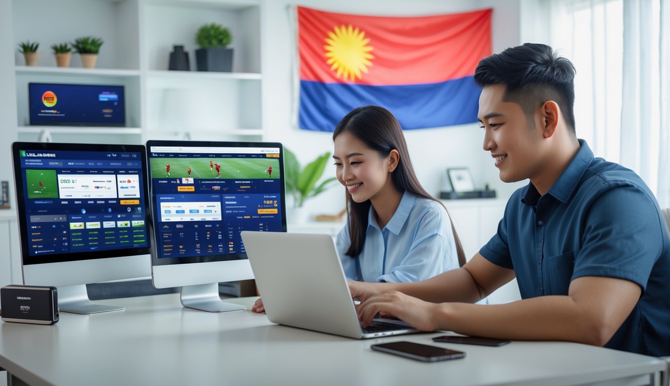 Seorang pria dan wanita muda di ruang kerja modern menggunakan laptop dan ponsel untuk taruhan olahraga online.