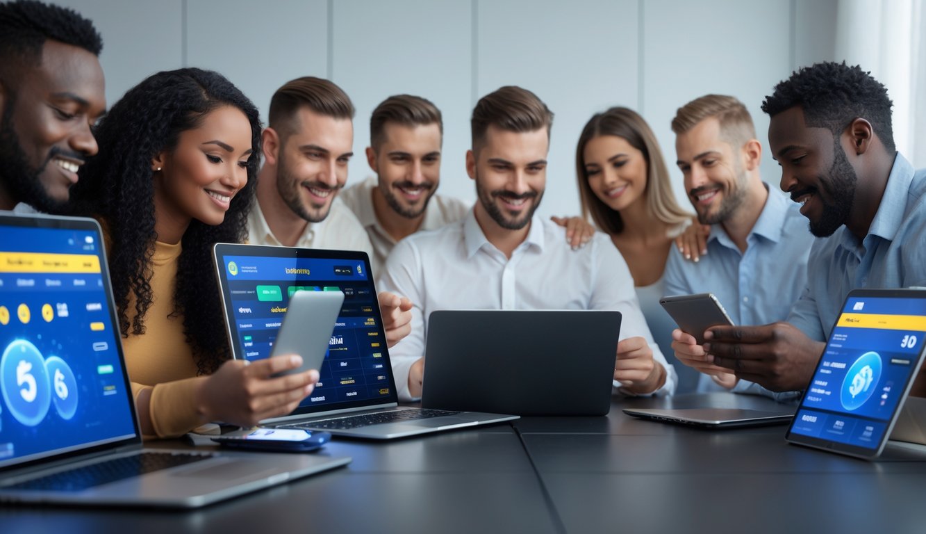 Sekelompok orang yang percaya diri menggunakan perangkat digital untuk bertaruh olahraga secara online di ruangan modern.