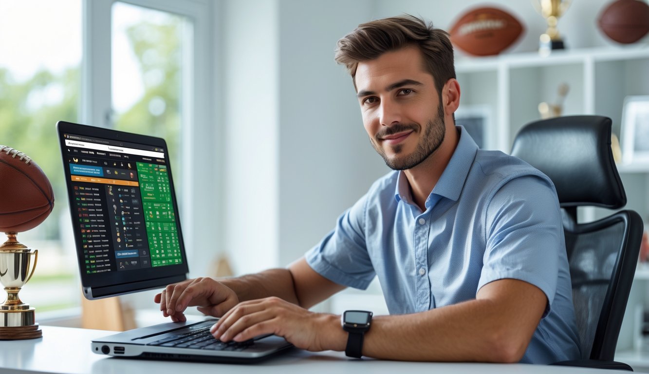 Seorang pria muda duduk di meja dengan laptop, fokus melihat statistik olahraga dalam ruangan yang terang dan rapi dengan pernak-pernik olahraga di latar belakang.