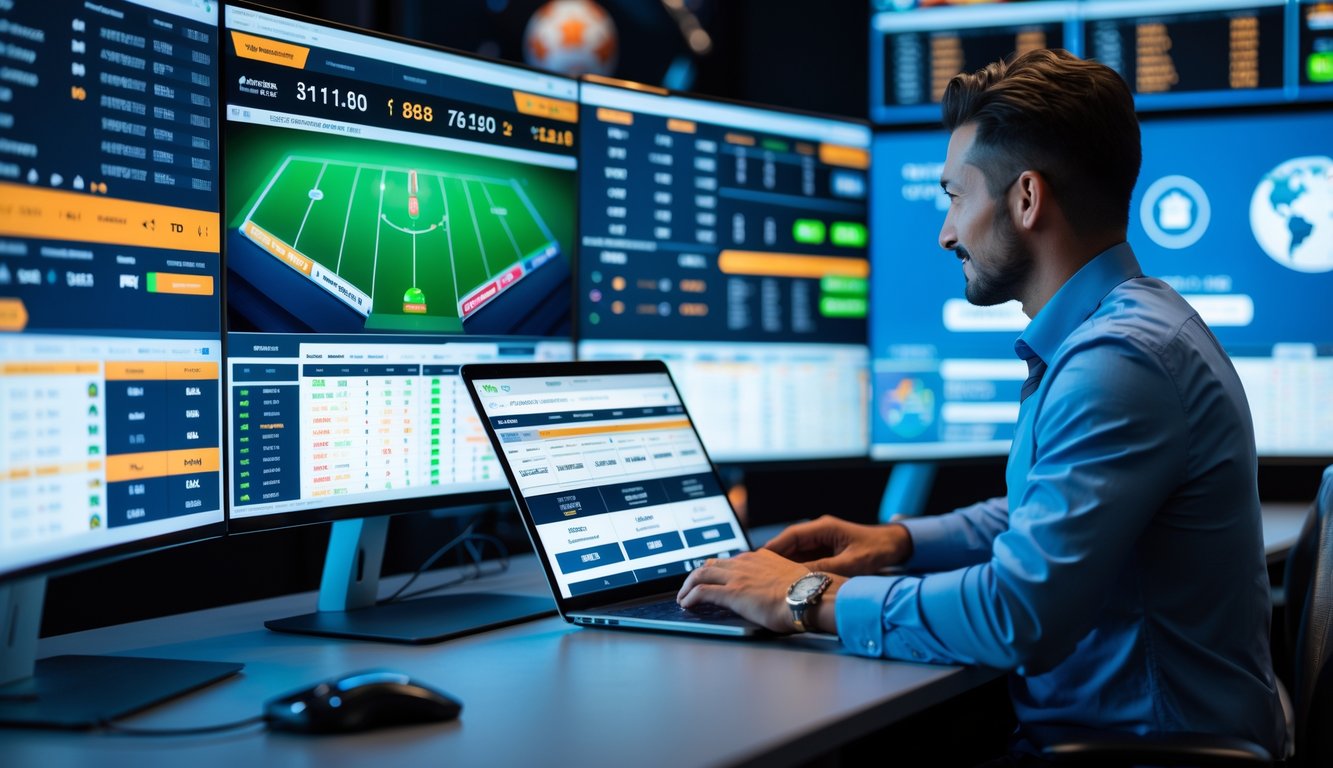 Seseorang menggunakan laptop di meja kerja dengan beberapa layar menampilkan statistik dan pertandingan olahraga secara langsung.
