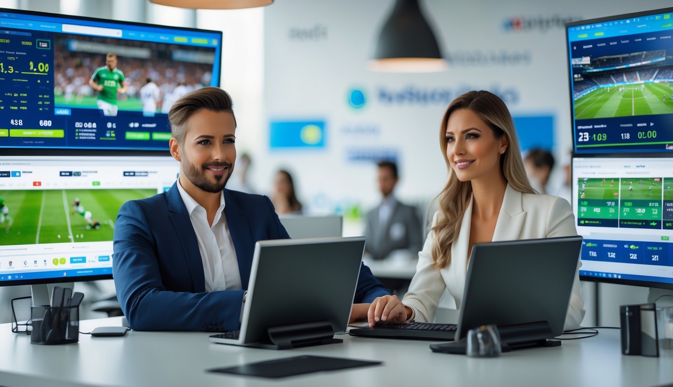 Dua orang profesional sedang menggunakan komputer dengan layar yang menampilkan statistik olahraga dan taruhan online.