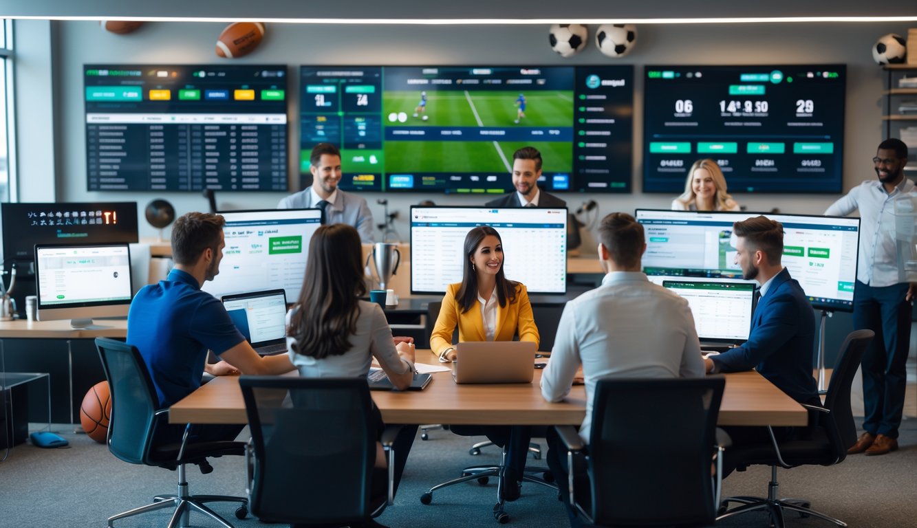 Sekelompok orang yang percaya diri bekerja di kantor modern dengan komputer menampilkan statistik olahraga dan pembaruan pertandingan secara langsung.