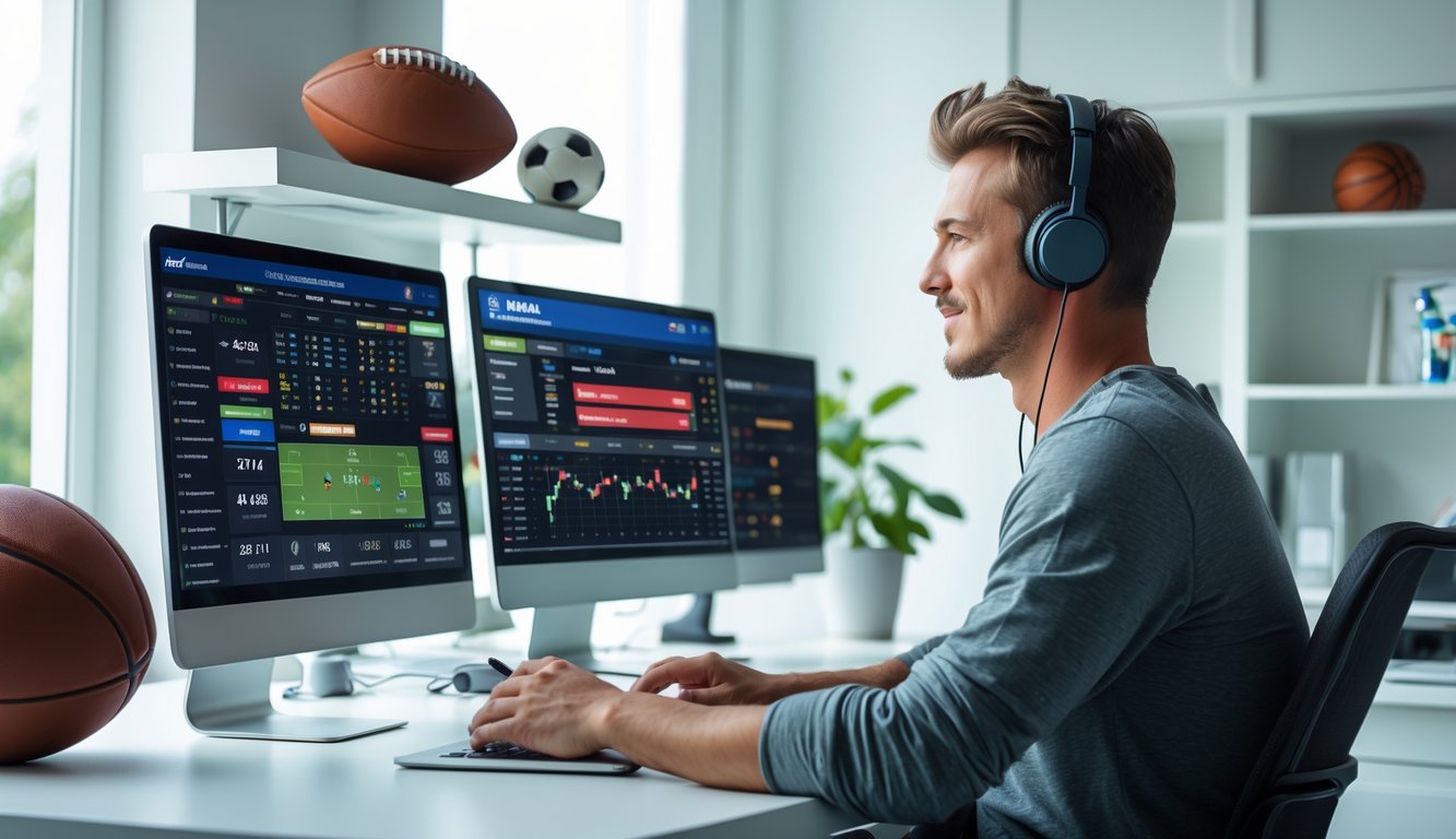 Seorang pria muda duduk di meja dengan beberapa layar komputer yang menampilkan situs judi olahraga online, di ruang kerja yang terang dan rapi.