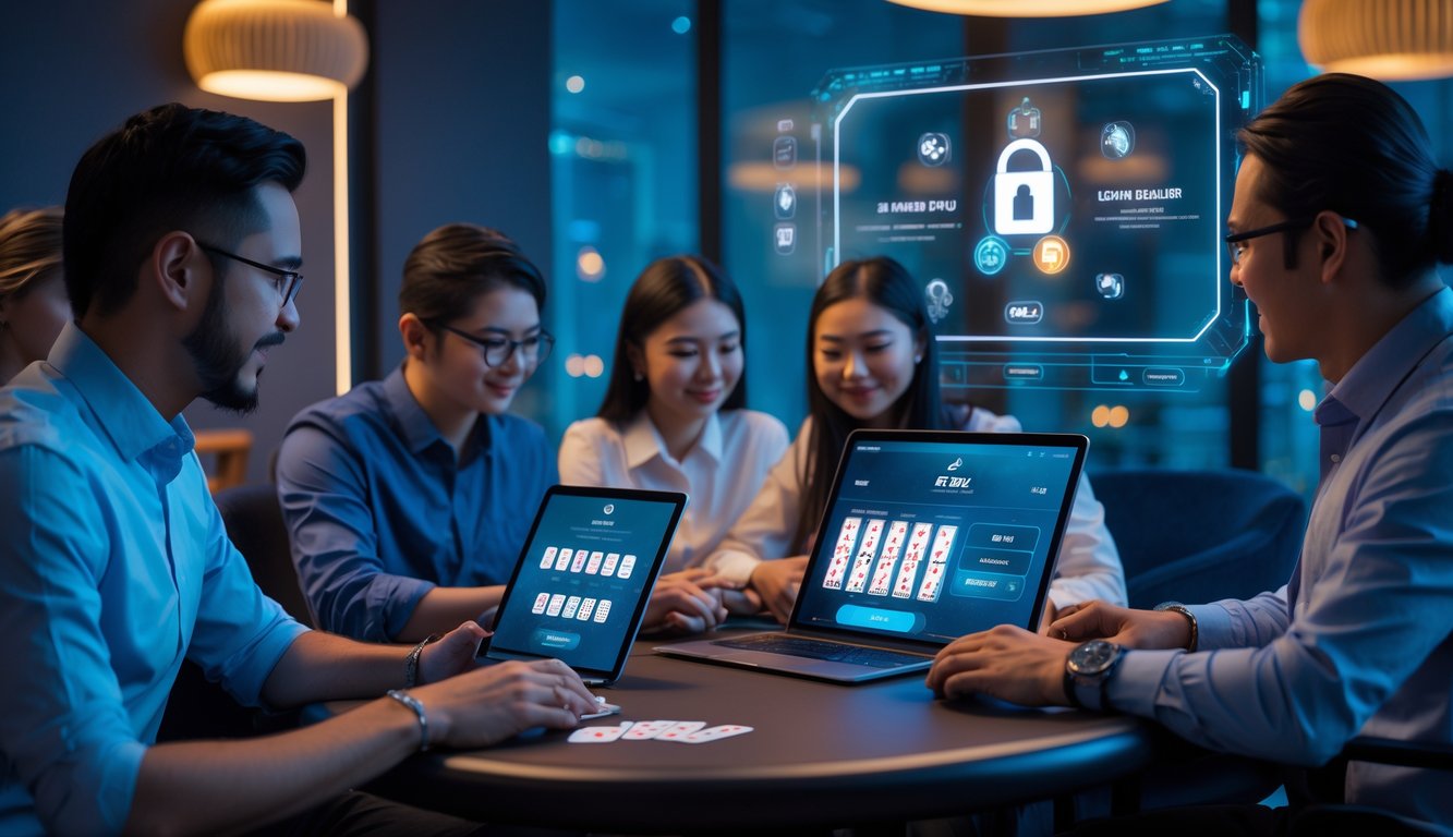 Beberapa orang bermain permainan kartu Ceme secara online dalam ruangan pribadi yang nyaman dan modern dengan perangkat elektronik.