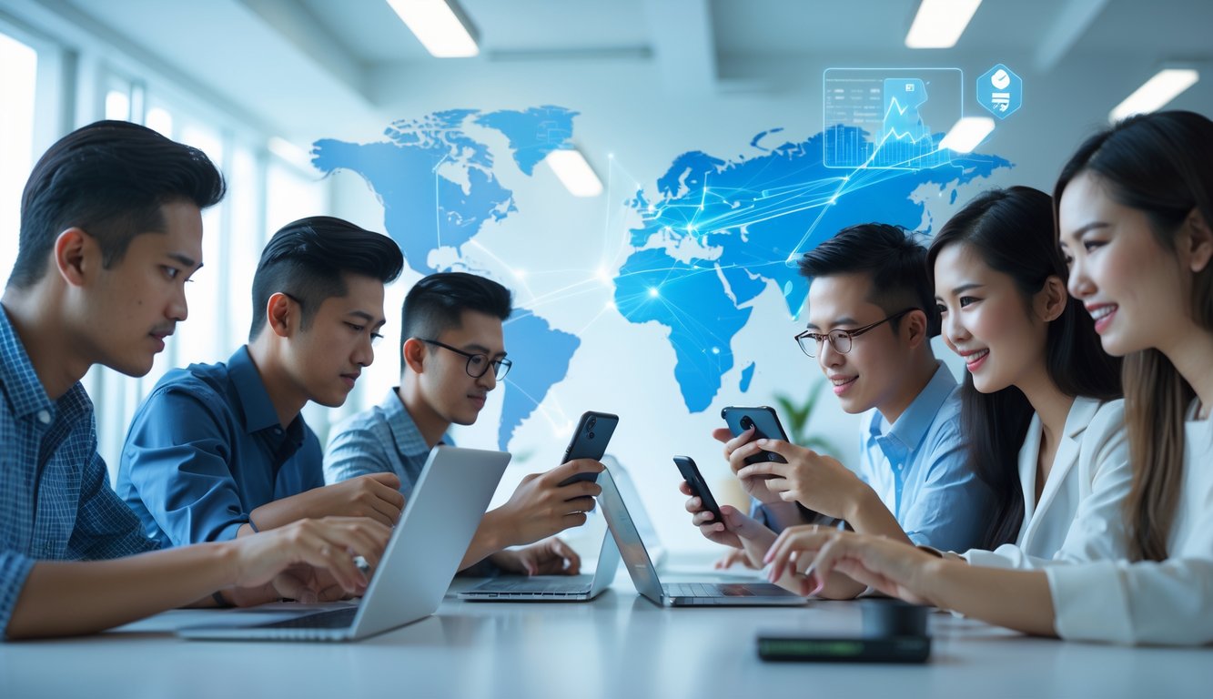 Sekelompok orang muda Indonesia menggunakan ponsel dan laptop di kantor modern, menunjukkan transaksi online yang cepat dan terpercaya.