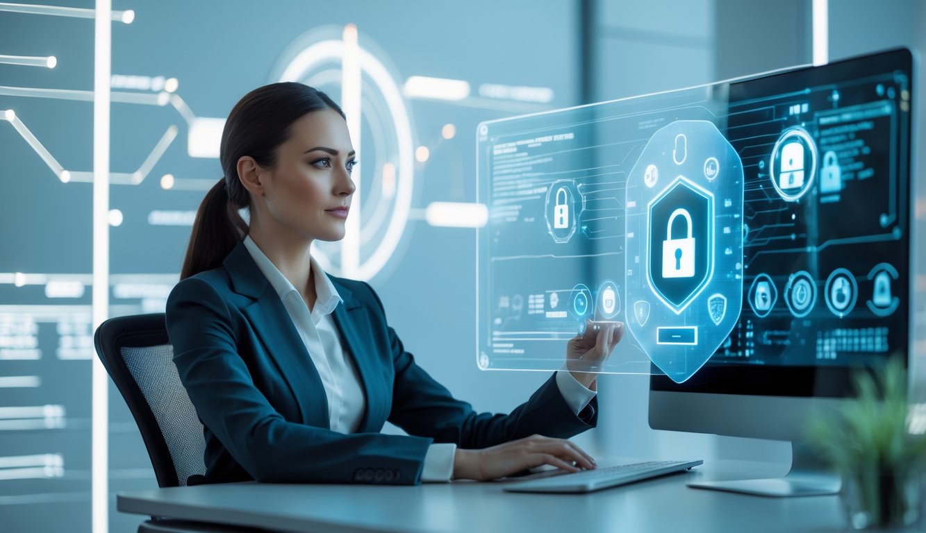 Seorang wanita profesional duduk di meja modern dengan layar holografik yang menampilkan ikon keamanan data di kantor futuristik.