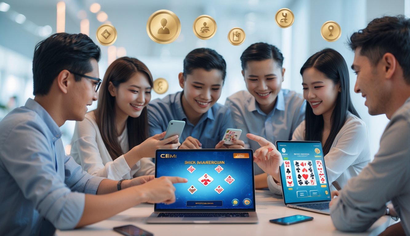 Sekelompok orang bermain game kartu online bersama menggunakan laptop dan ponsel di ruangan terang dan modern.