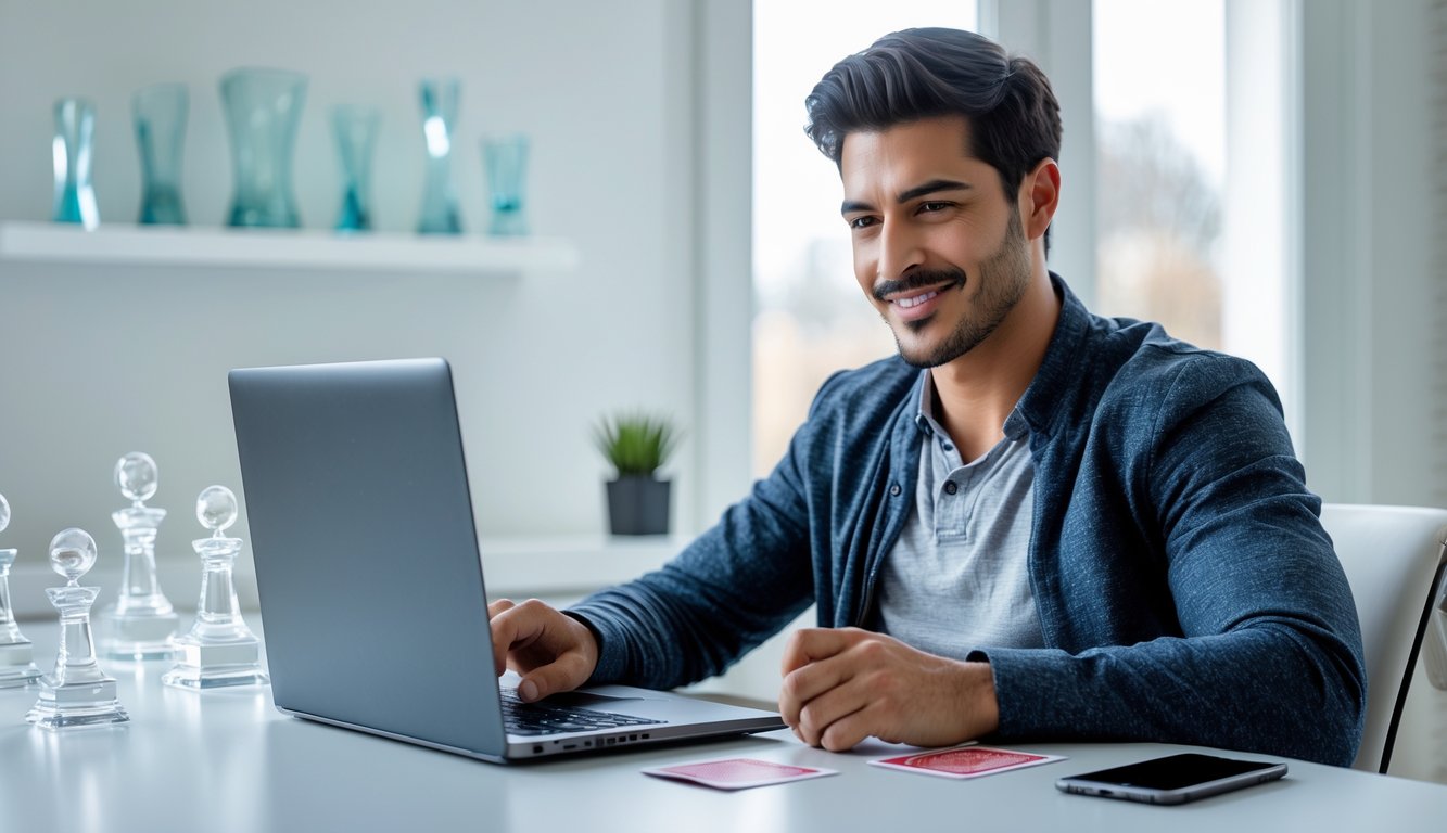 Seorang pria muda duduk di meja dengan laptop, bermain kartu online dengan fokus dan senyum, di ruang kerja rumah yang terang dan rapi.