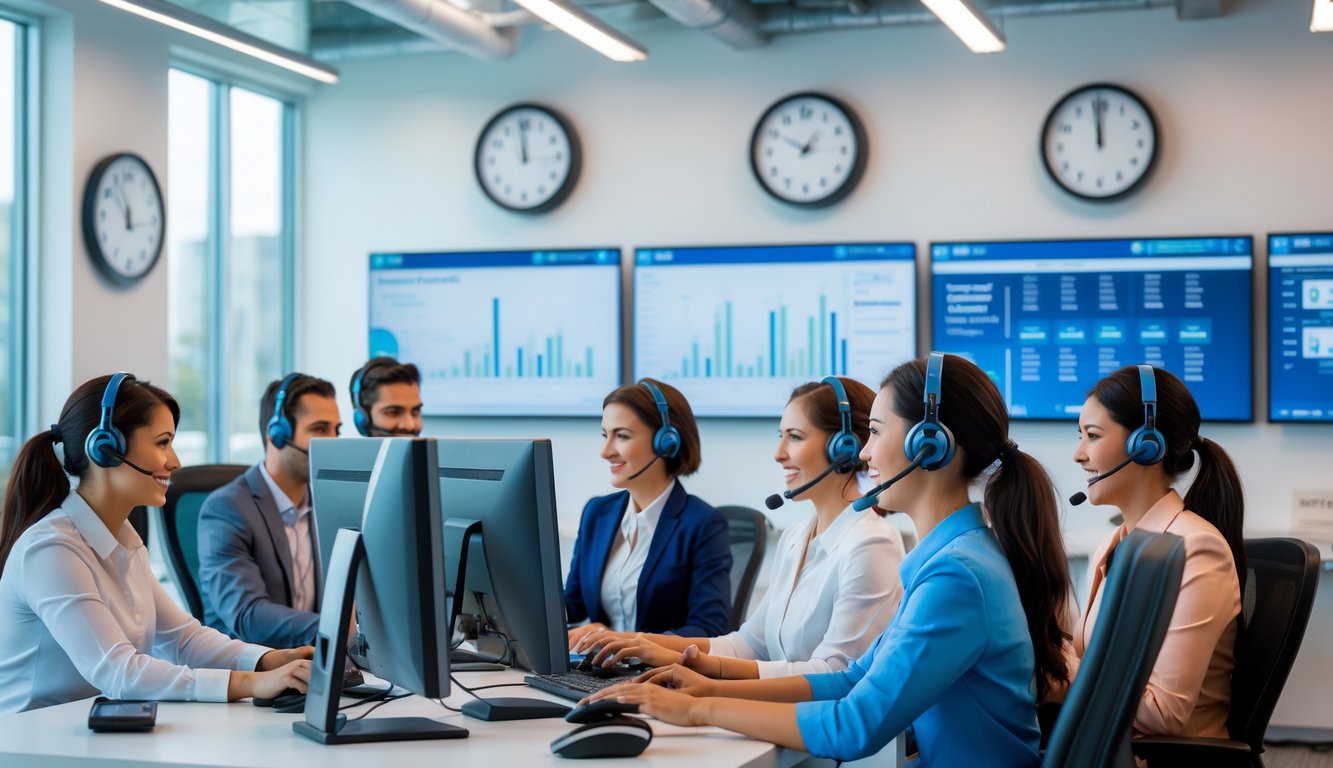 Tim layanan pelanggan yang ramah bekerja di pusat layanan modern dengan komputer dan headset, menunjukkan layanan 24 jam.