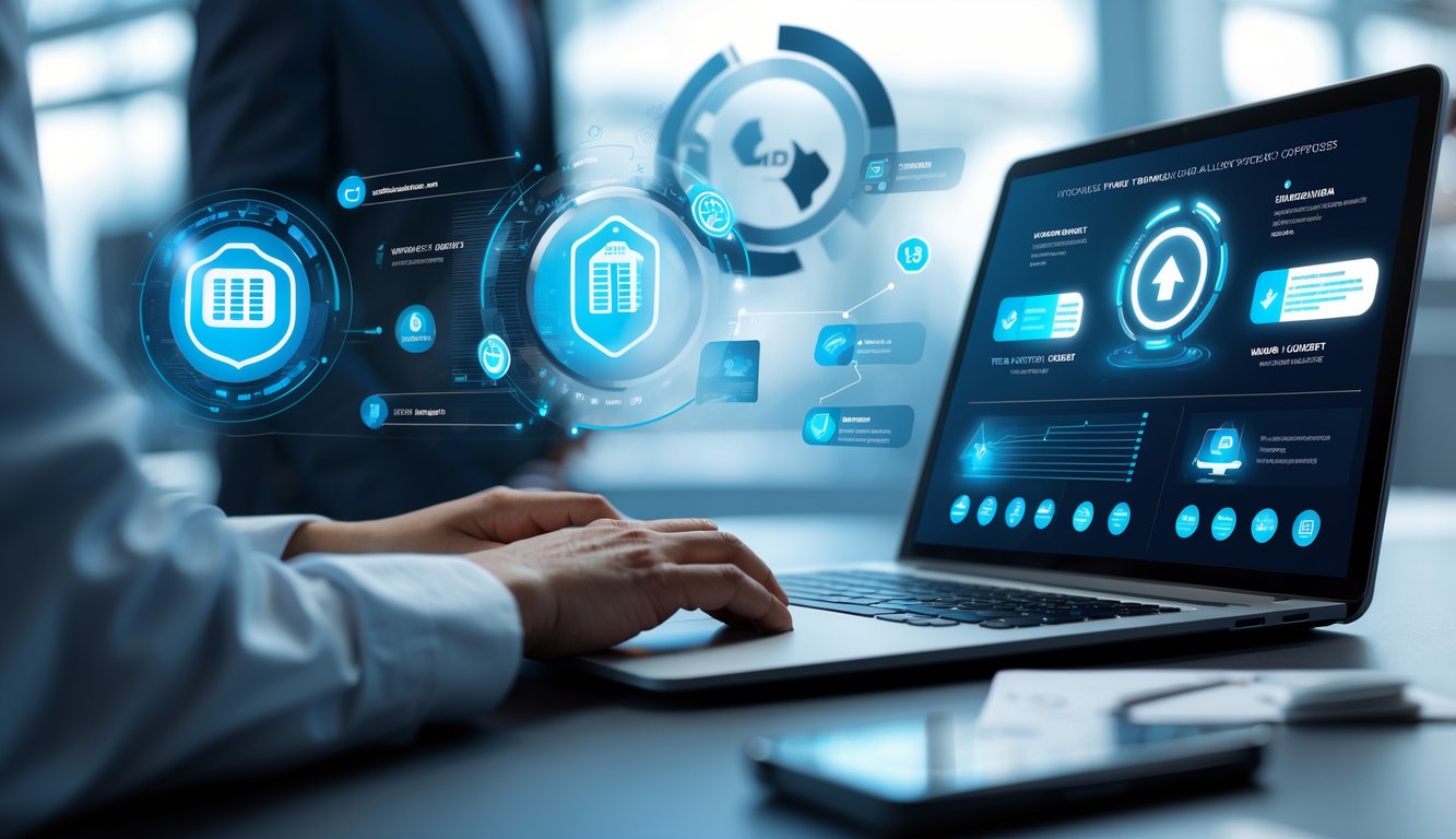 Seseorang menggunakan laptop di meja kerja modern dengan latar belakang grafis digital yang menunjukkan konsep keamanan dan teknologi terpercaya.