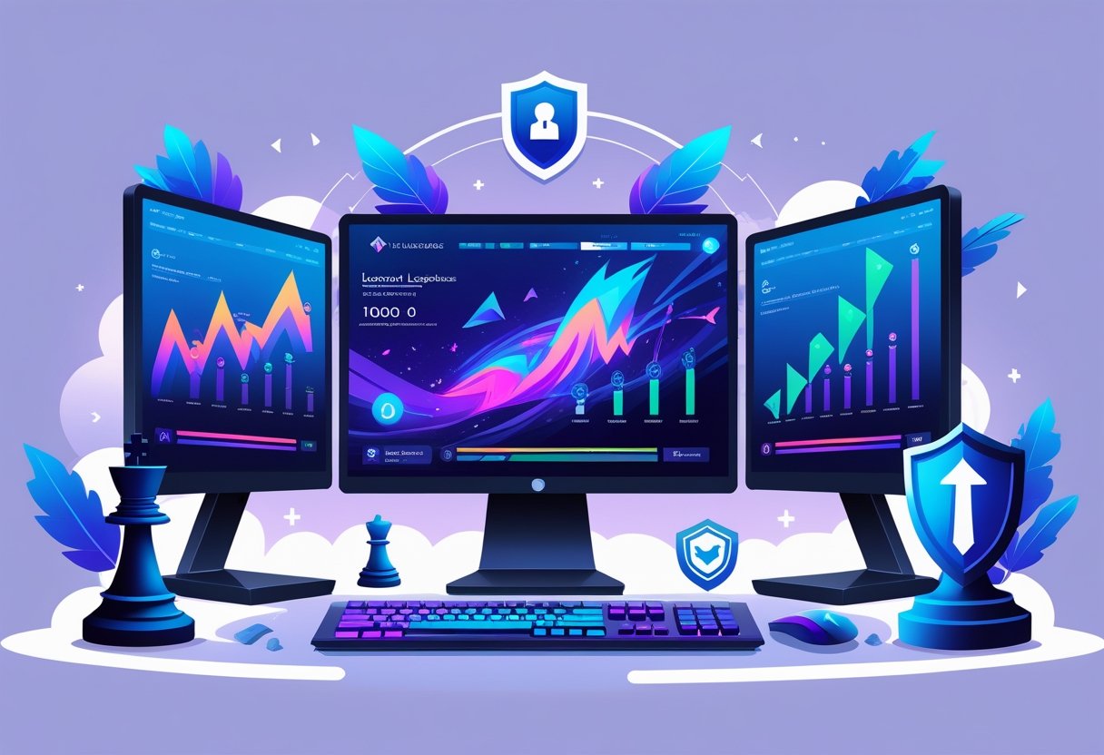 A modern computer setup showing multiple screens with League of Legends gameplay and ranking progress, surrounded by icons representing teamwork and skill improvement.