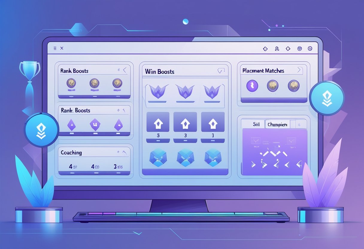 Illustration showing different types of gaming boosts for League of Legends with icons representing rank, wins, placement matches, and coaching in a clean, organized interface.