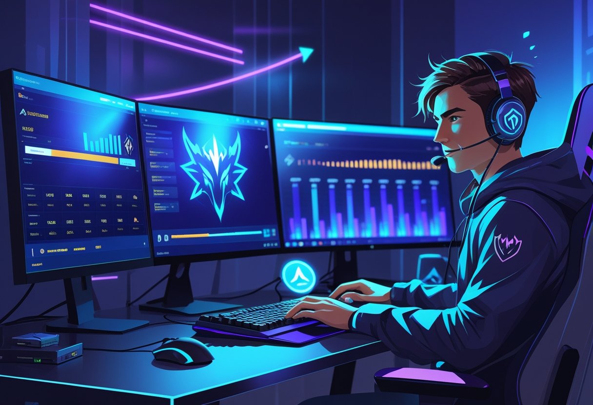 A gamer at a desk with multiple monitors showing League of Legends gameplay and ranking progress, using gaming equipment in a modern, well-lit setup.
