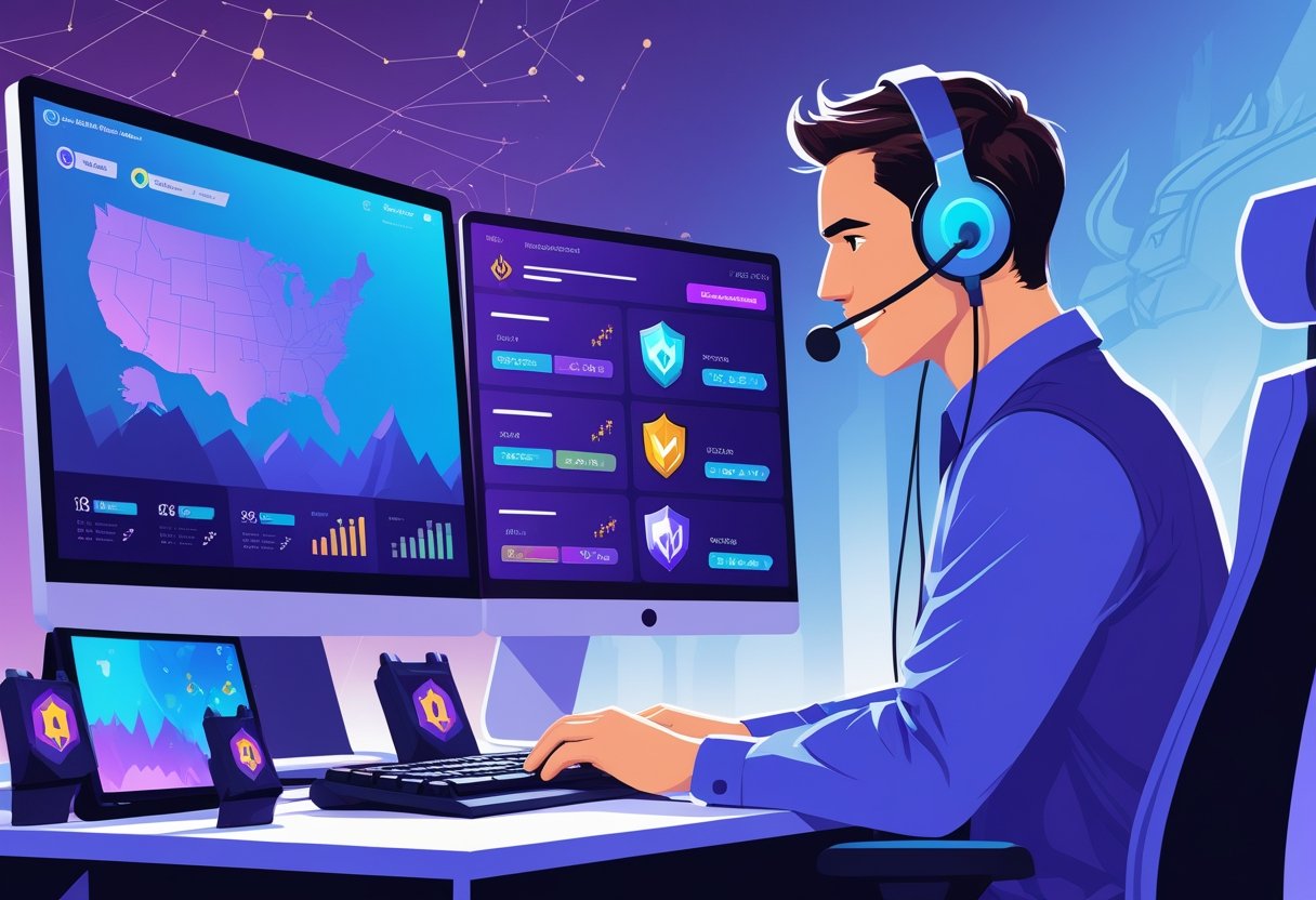 A person assisting a gamer at a computer with multiple screens showing game-related graphics and icons.