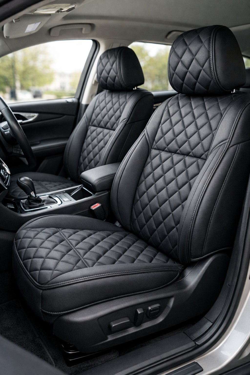Interior of a car with quilted waterproof washable seat covers on the seats, showing detailed stitching and fabric texture.