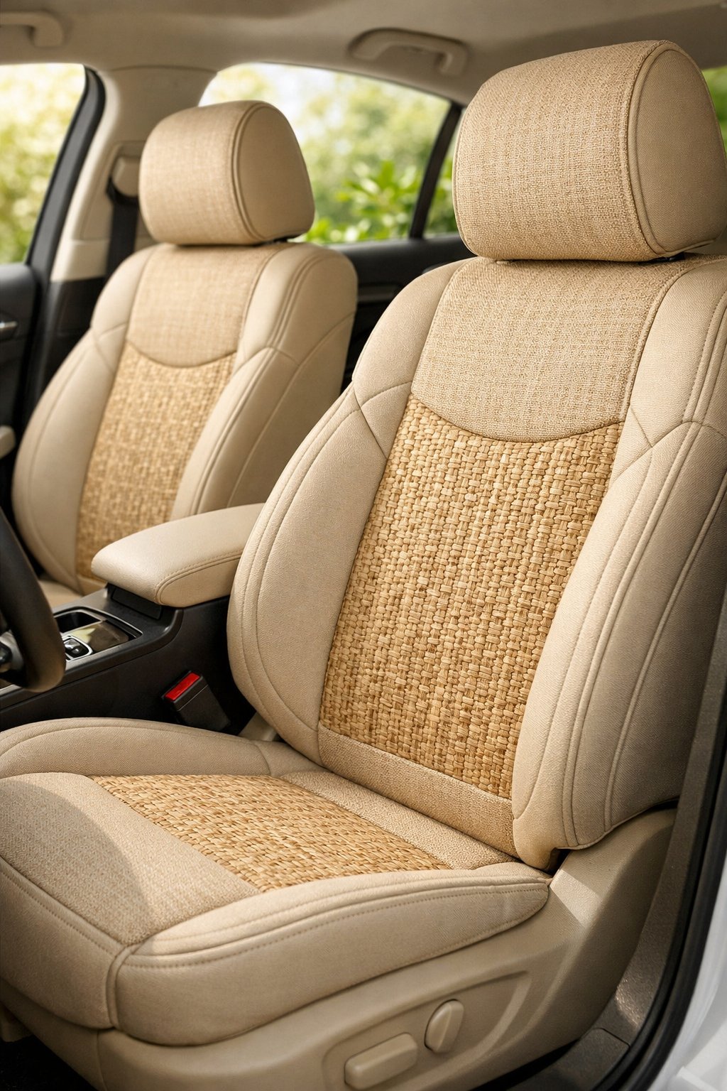 Car interior with eco-friendly bamboo fiber seat covers in natural beige color, showing the front seats and part of the dashboard.