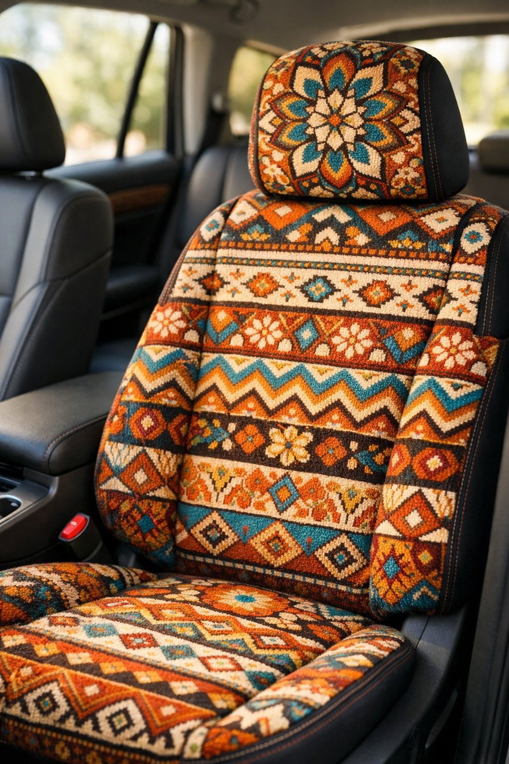Car seat with a colorful patterned fabric cover inside a modern car.
