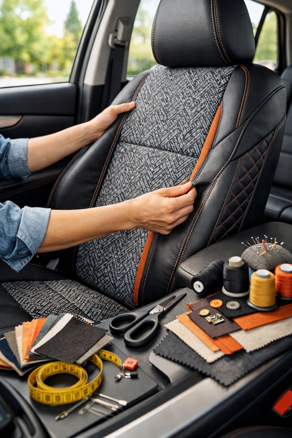 A person fitting a patterned car seat cover inside a car with fabric swatches and design tools nearby.