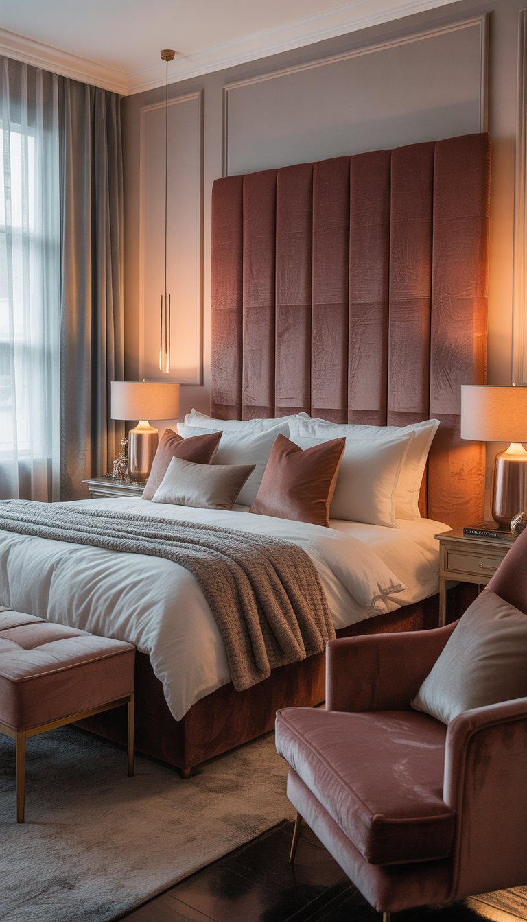 A bedroom with a large bed, velvet headboard, pillows, a velvet bench, and soft natural light coming through sheer curtains.