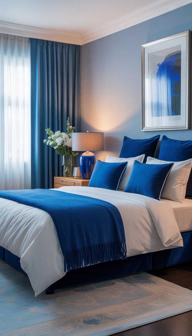 A bedroom with a neatly made bed featuring white linens and royal blue pillows and blanket, a bedside table with a lamp, and natural light coming through sheer curtains.