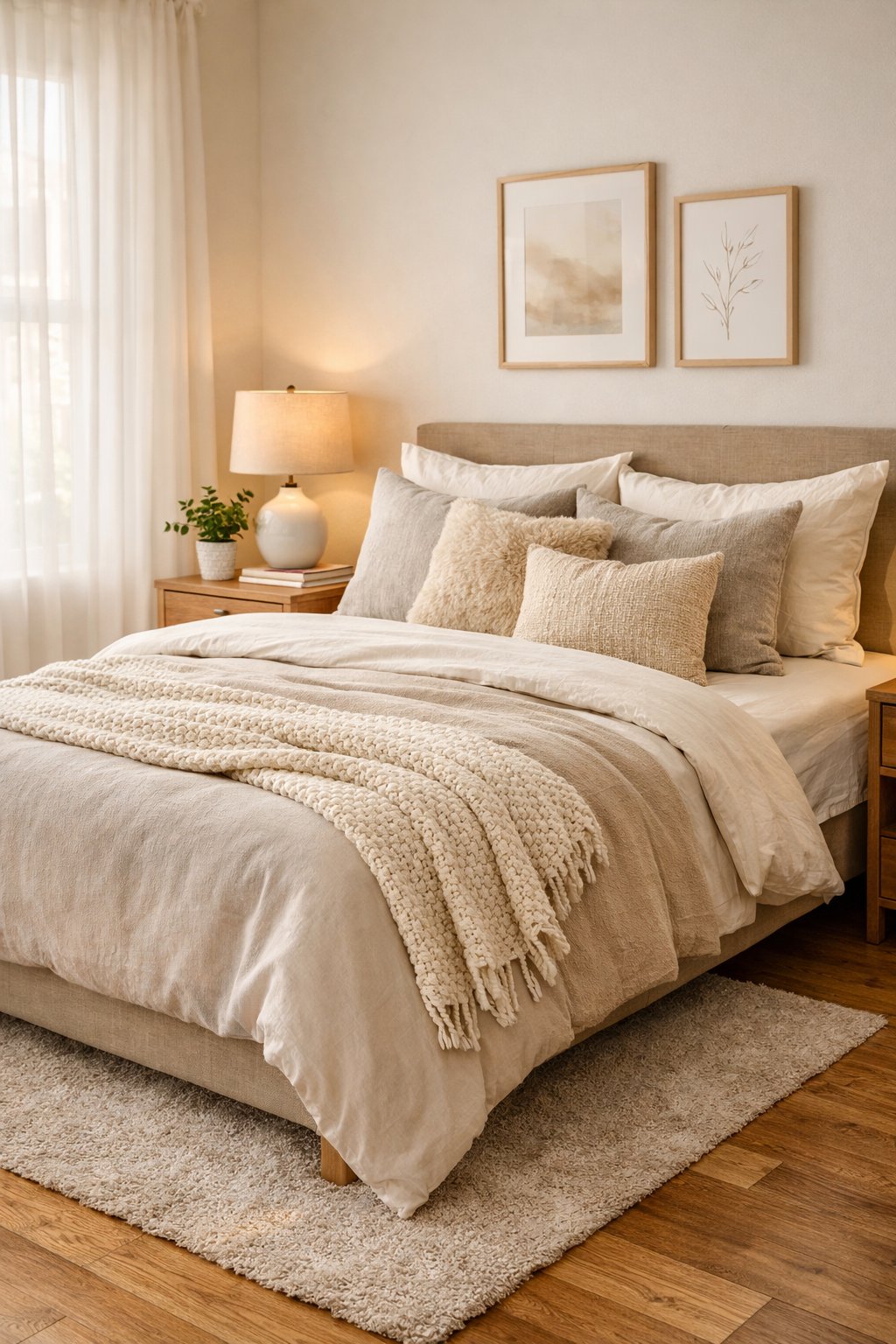 A cozy bedroom with a neatly made bed, soft bedding, a bedside table with a lamp and plant, natural light coming through sheer curtains, and wooden flooring with a rug.