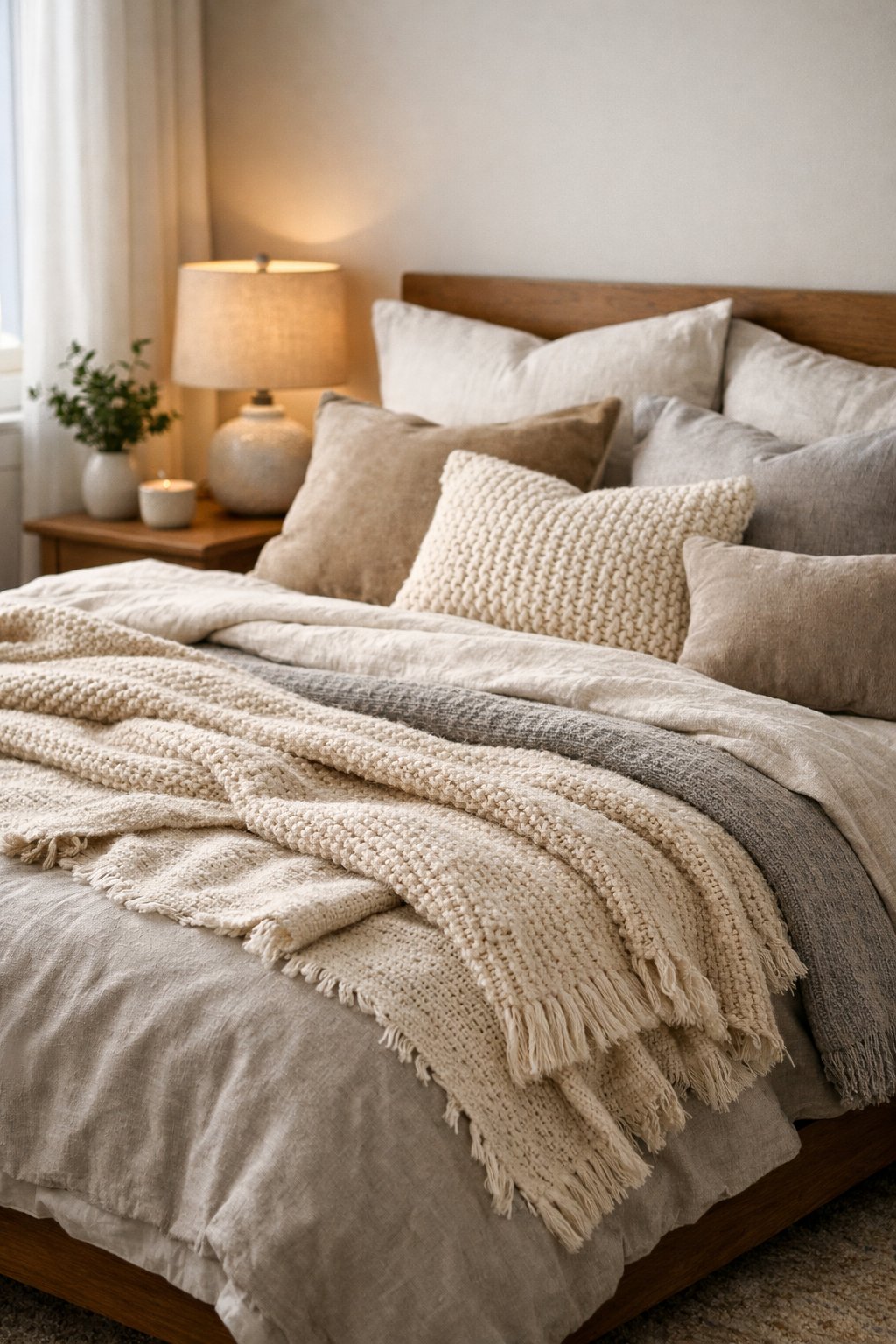 A neatly made bed with layered bedding, textured throws, and multiple pillows in a softly lit bedroom.