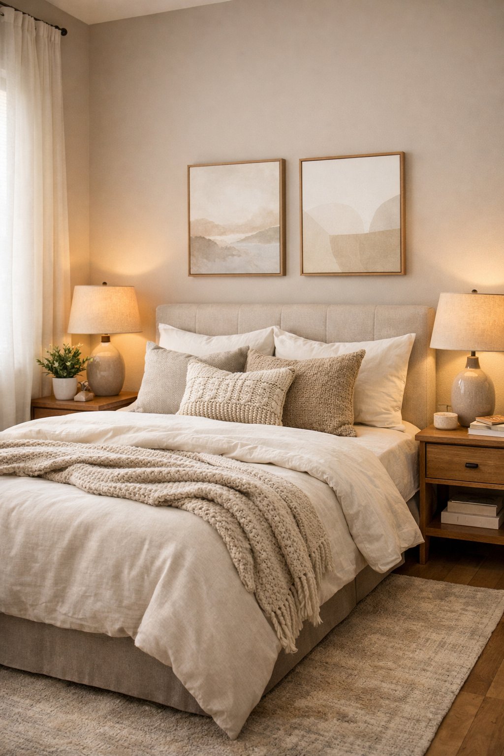 A cozy bedroom with beige and soft gray walls, a neatly made bed with layered bedding, soft lighting, wooden furniture, and a small potted plant.