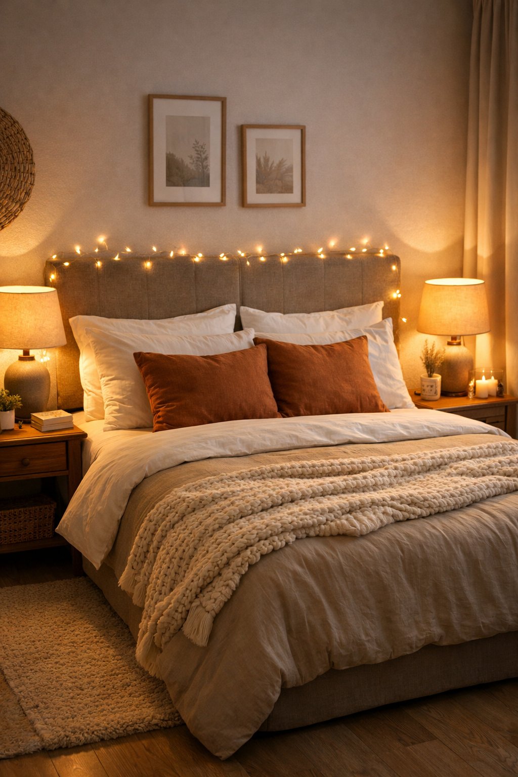 A cozy bedroom with a neatly made bed, warm bedside lamps, and fairy lights creating soft ambient lighting.