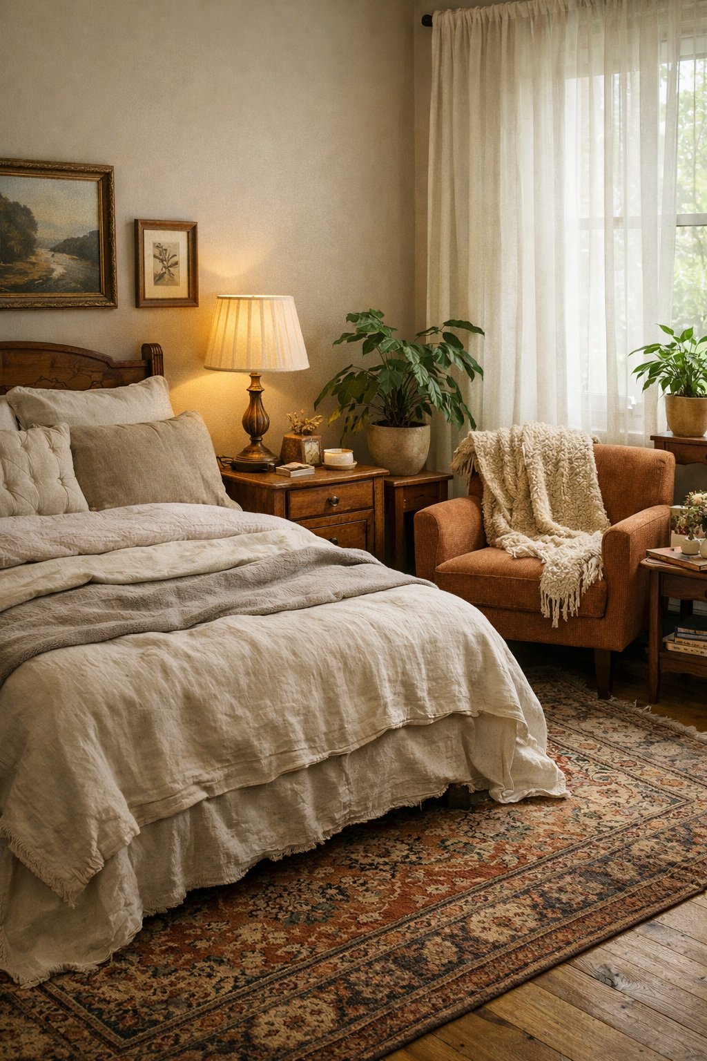 A cozy bedroom with a bed, nightstand, armchair, window with curtains, and decorative plants.