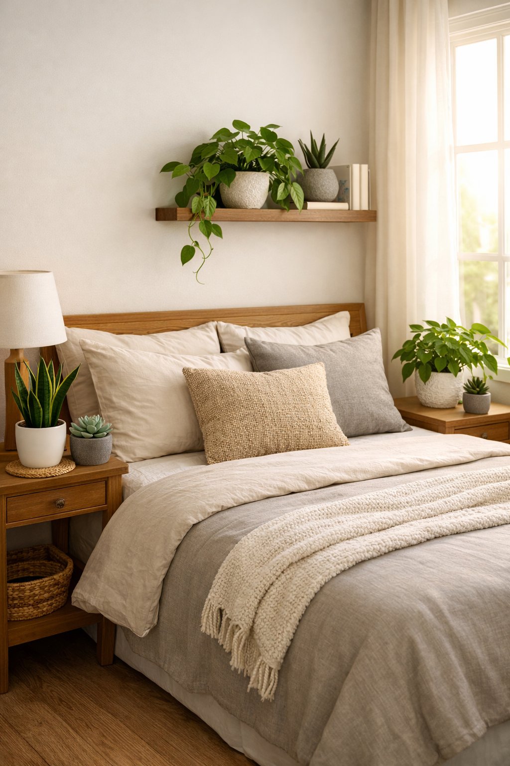 A cozy bedroom with a made bed, soft lighting, and several low-maintenance indoor plants placed around the room.